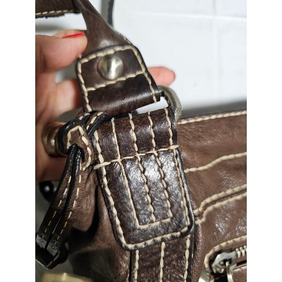 Fossil Brown Y2K leather satchel. M/L. W white stitches. Multiple pockets. Soft‎ - Picture 11 of 14